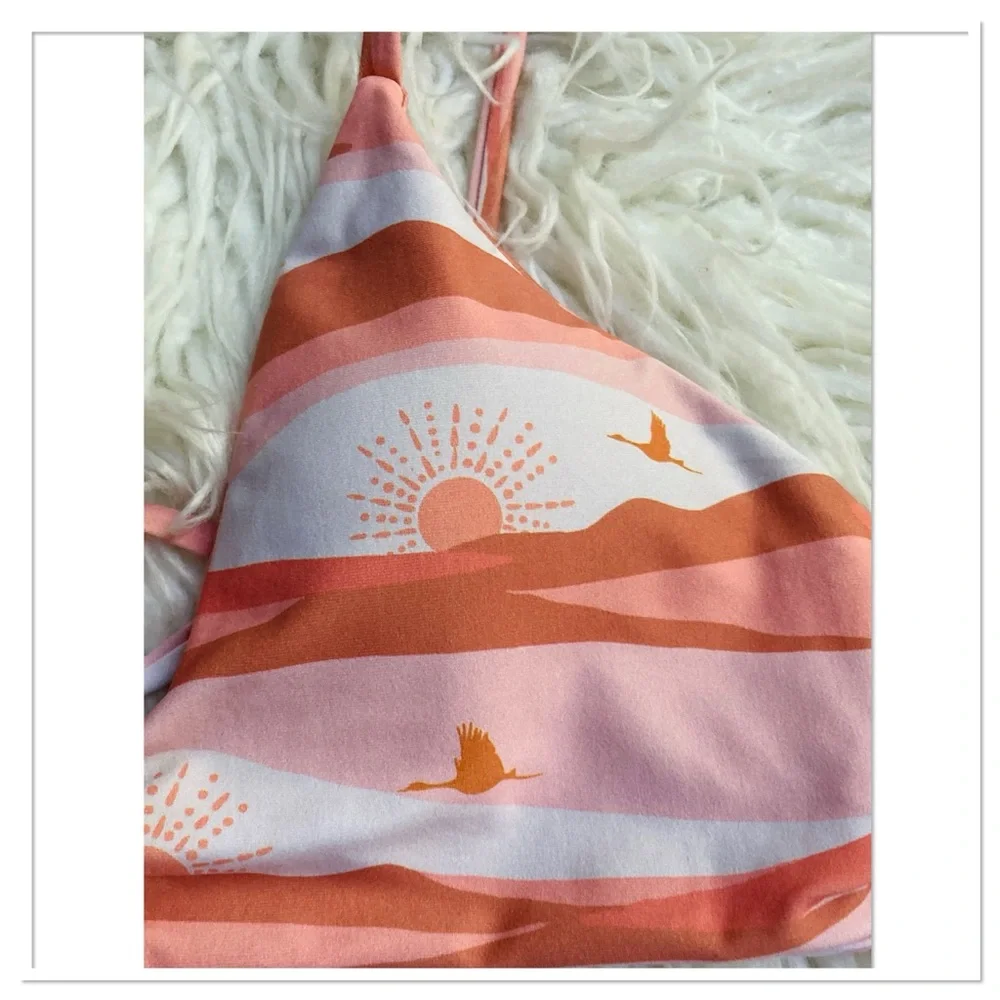 Midori Mia Bikini Swimsuit Top In Dune Print Birds Sun Pink Coral Size Large